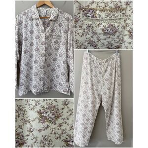Vintage GAP Womens Cotton 2PC Pajama Set Size XL Cream Purple Floral Lace Trim